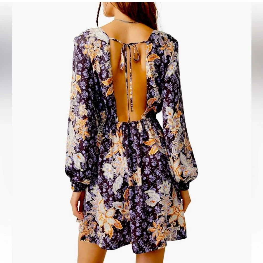 Free People Boho Purple Low Back Mini Dress Flowy Detailed NWT Size XS